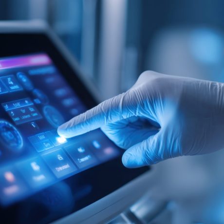 A healthcare professional wearing a glove operating a digital touchscreen device in a clinical laboratory with blue lighting creating a modern and sterile atmosphere ideal for medical and healthcare marketing.