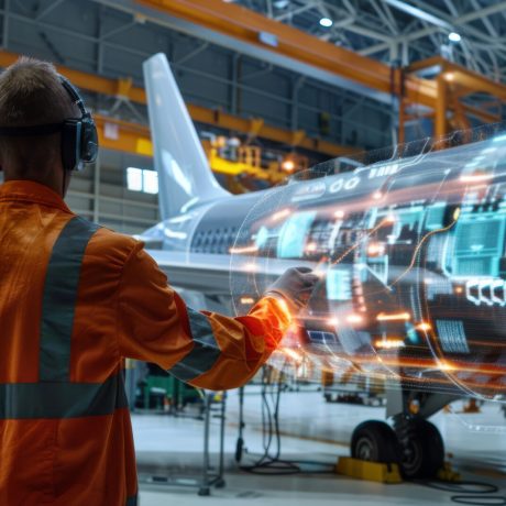 Engineers utilize augmented reality in a state-of-the-art maintenance facility to guide and enhance the repair processes of aircraft. the innovative use of technology enables precision, efficiency, and improved safety in aviation maintenance.
